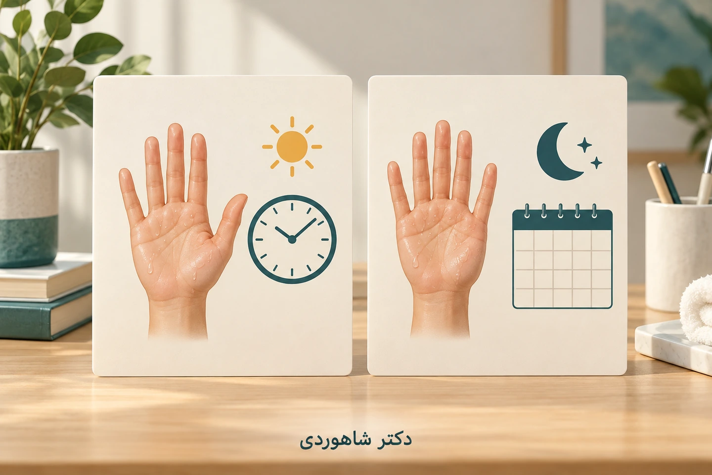 دو کارت کف دست با نماد روز و ساعت، شب و تقویم