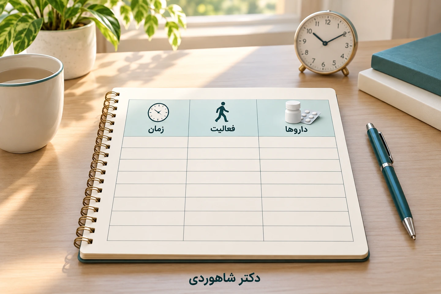 دفتر خالی ثبت زمان، فعالیت و داروها برای پیگیری تعریق