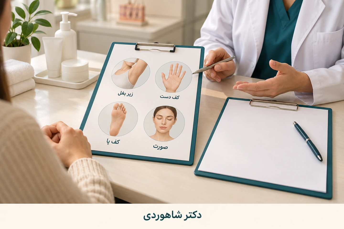 پرونده ارزیابی تعریق با نمای زیر بغل، کف دست، کف پا و صورت