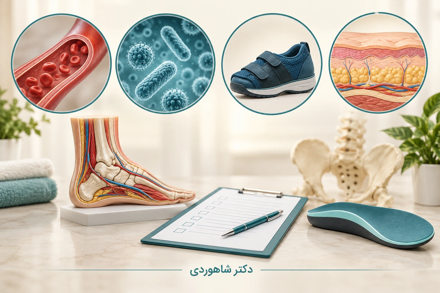 نماد خون‌رسانی، میکروب، کفش و پوست کنار مدل پا و برگه ارزیابی