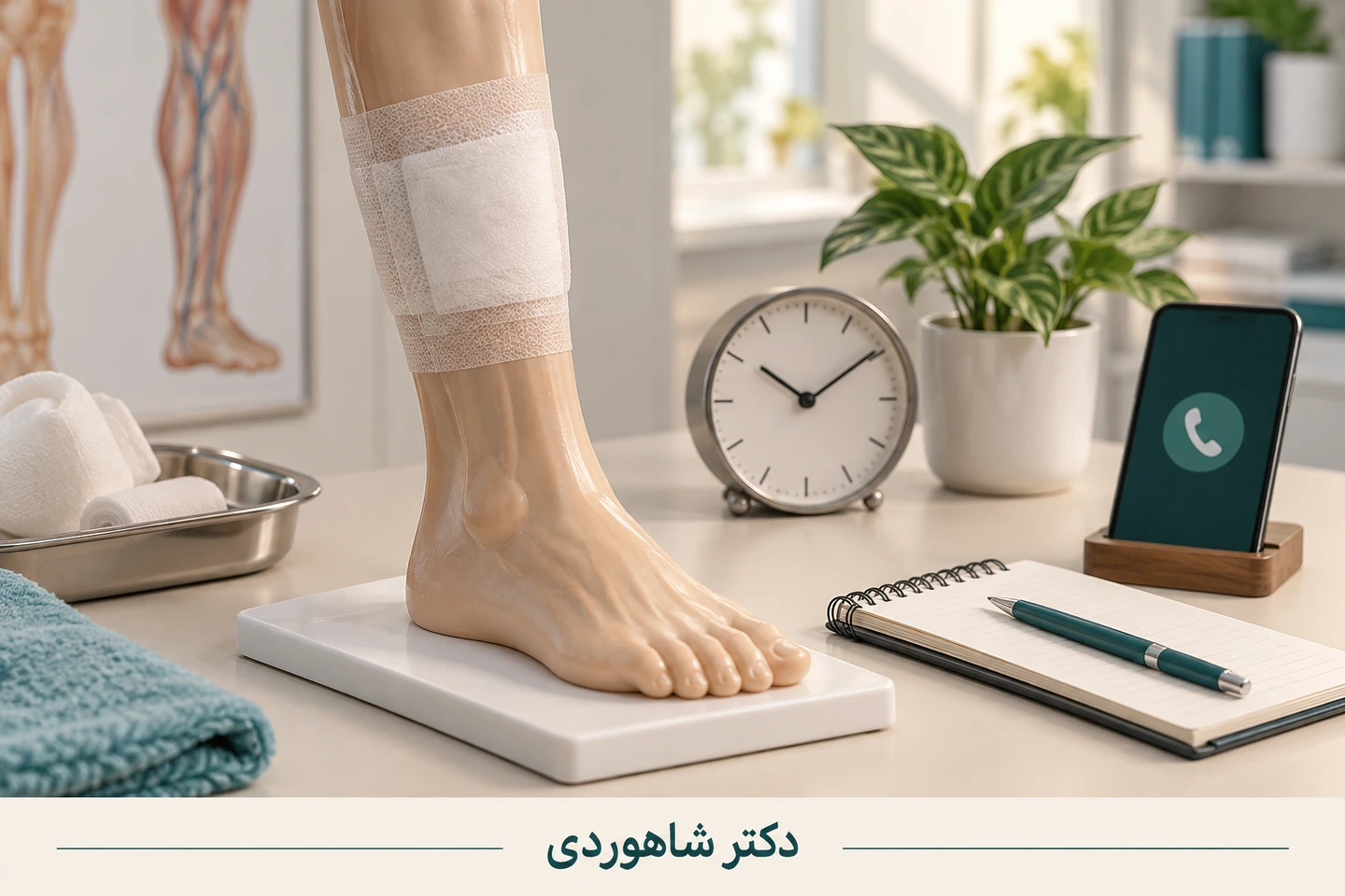 مدل ساق با پانسمان بیرونی بسته در کنار ساعت، دفتر و تلفن تماس