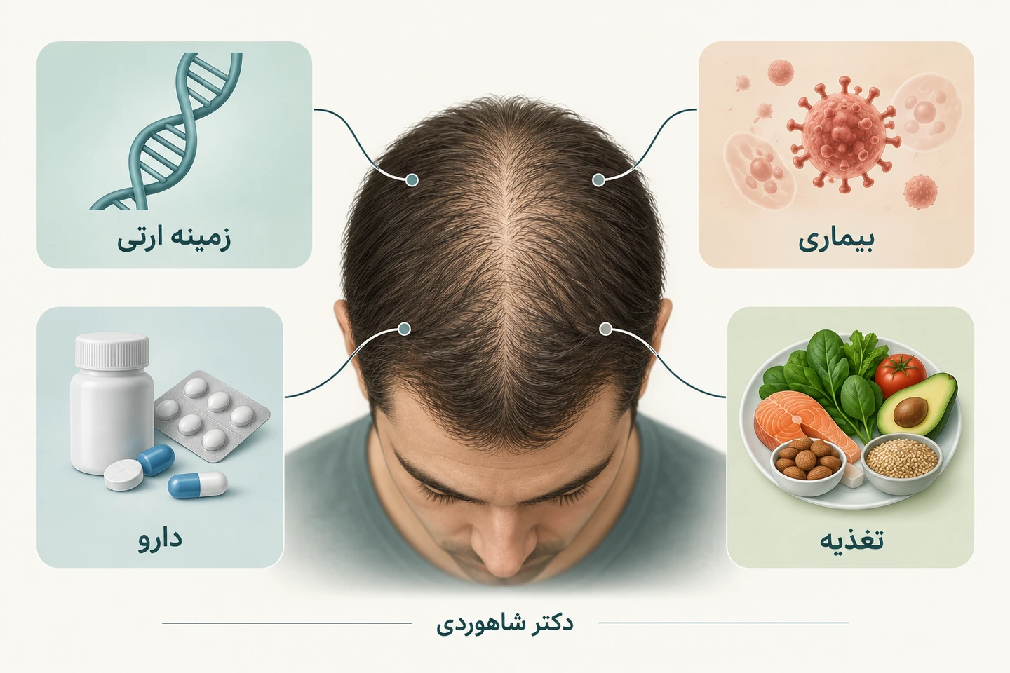 کارتهای زمینه ارثی، بیماری، دارو و تغذیه کنار پوست سر