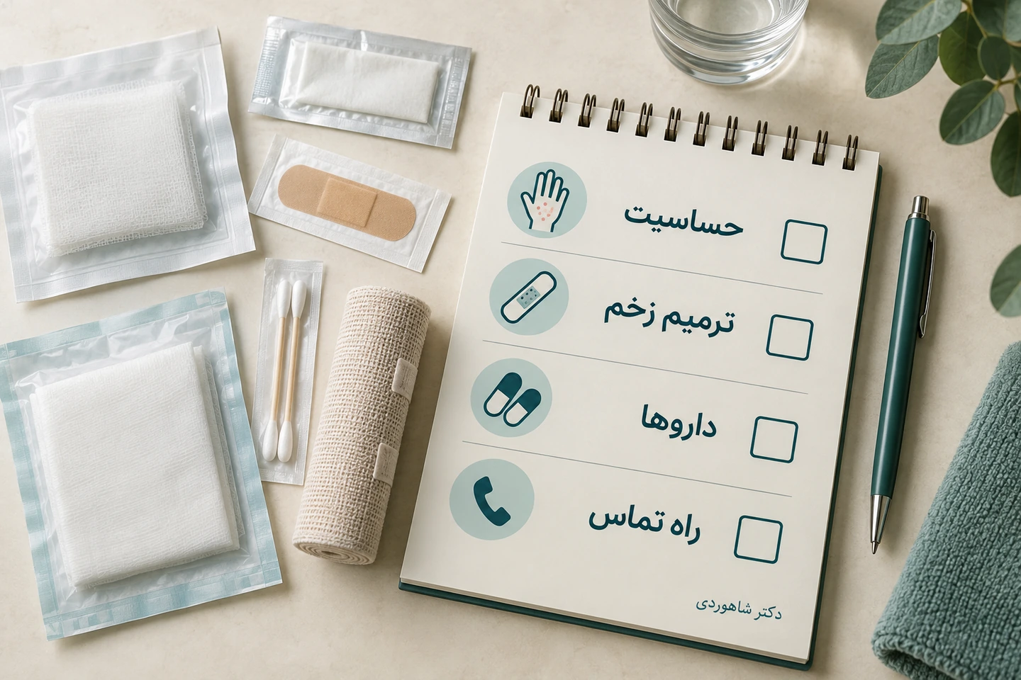 کارت سابقه حساسیت، ترمیم زخم، دارو و راه تماس کنار ابزار بسته‌بندی‌شده