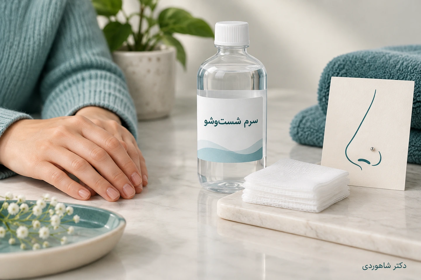 دست تمیز، سرم شست‌وشوی استریل و گاز کنار طرح بینی بدون فشار