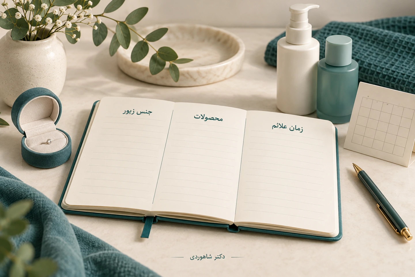 دفتر جنس زیور، محصولات و زمان علائم کنار زیور، بطری‌های مراقبت و تقویم