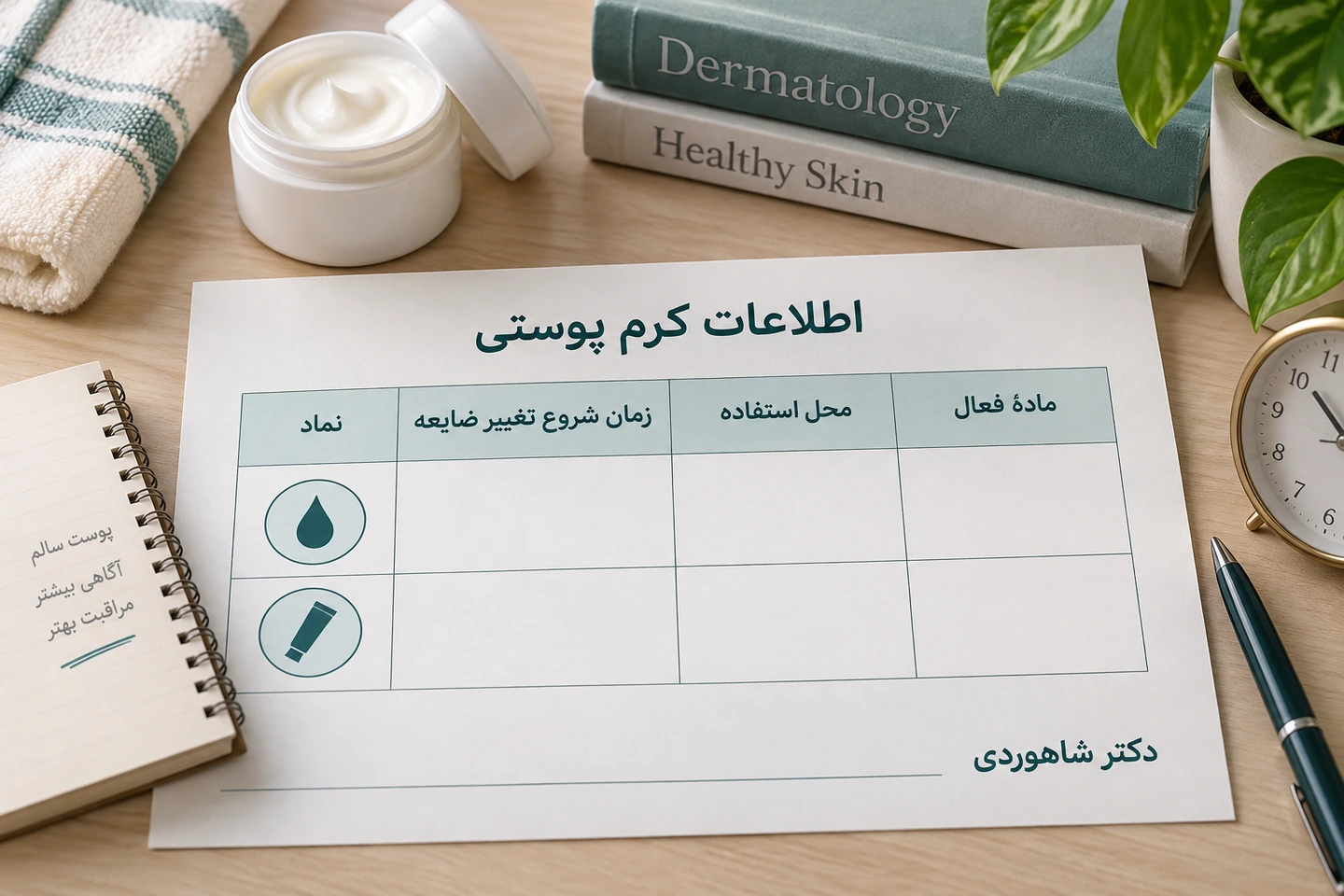 برگه خالی ماده فعال، محل استفاده و زمان تغییر ضایعه کنار ظرف کرم