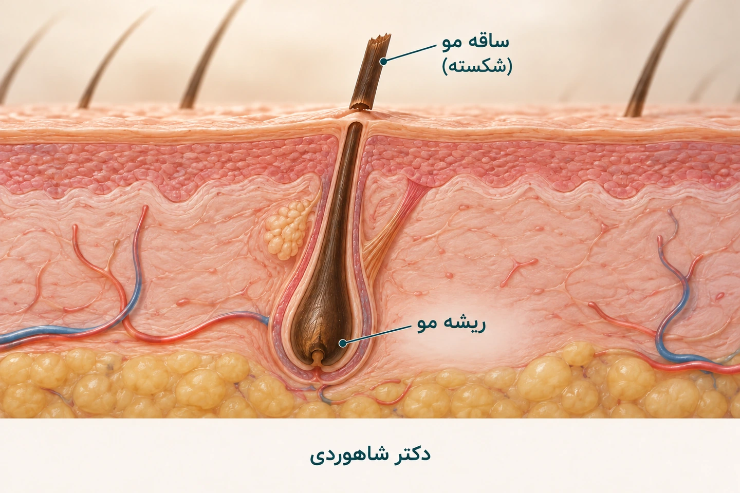 مقطع پوست با ریشه مو و ساقه شکسته در بالای سطح پوست
