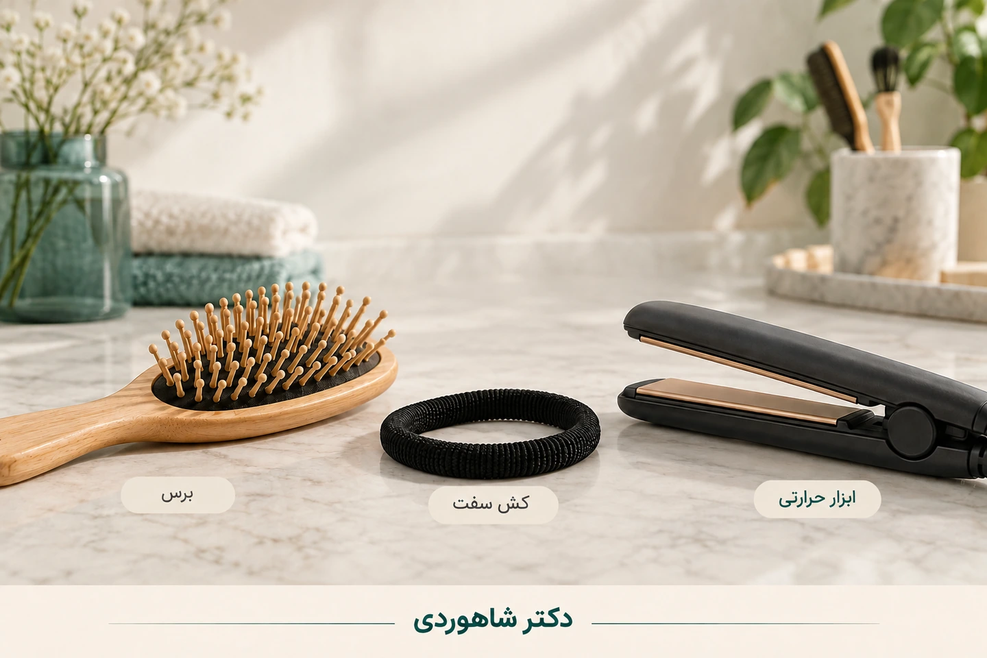 برس، کش سفت و ابزار حرارتی مو روی میز