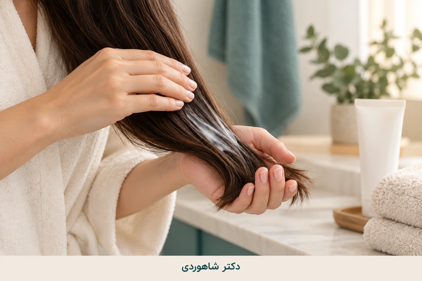 نرمکننده روی طول و انتهای یک دسته مو در میان دستها