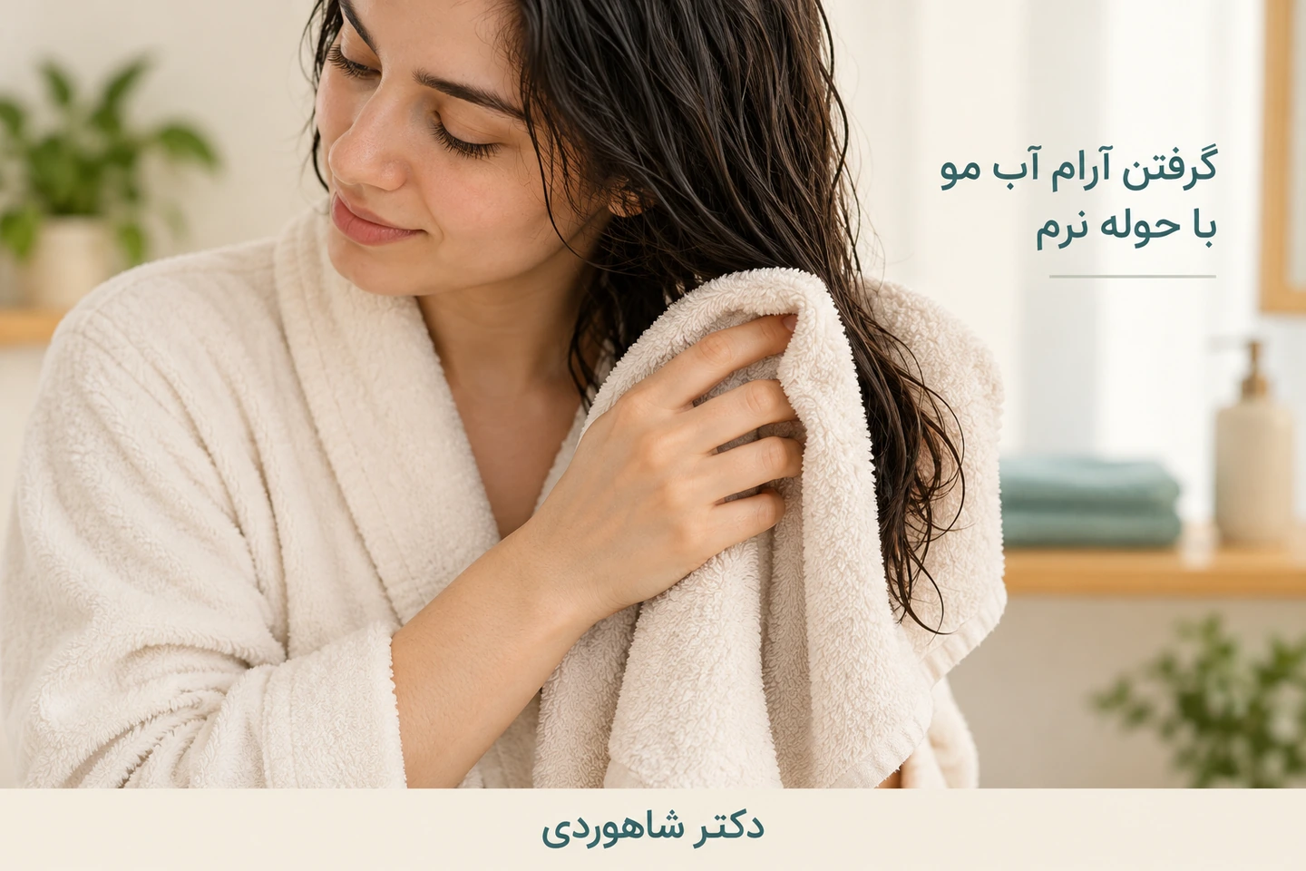 گرفتن آرام آب مو با حوله نرم و دست طبیعی
