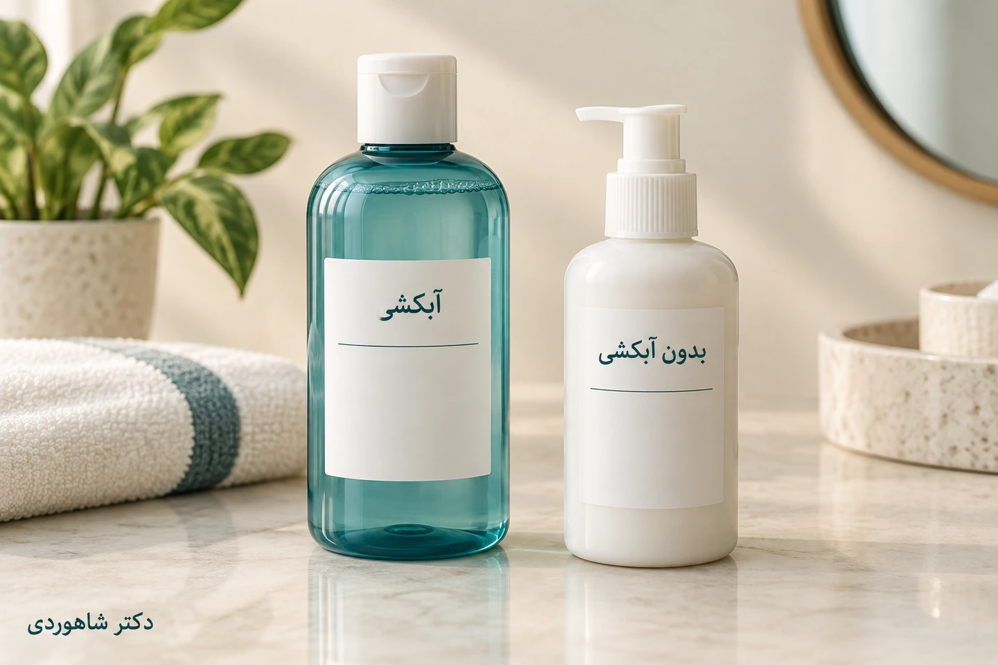 دو بطری عمومی با برچسب آبکشی و بدون آبکشی