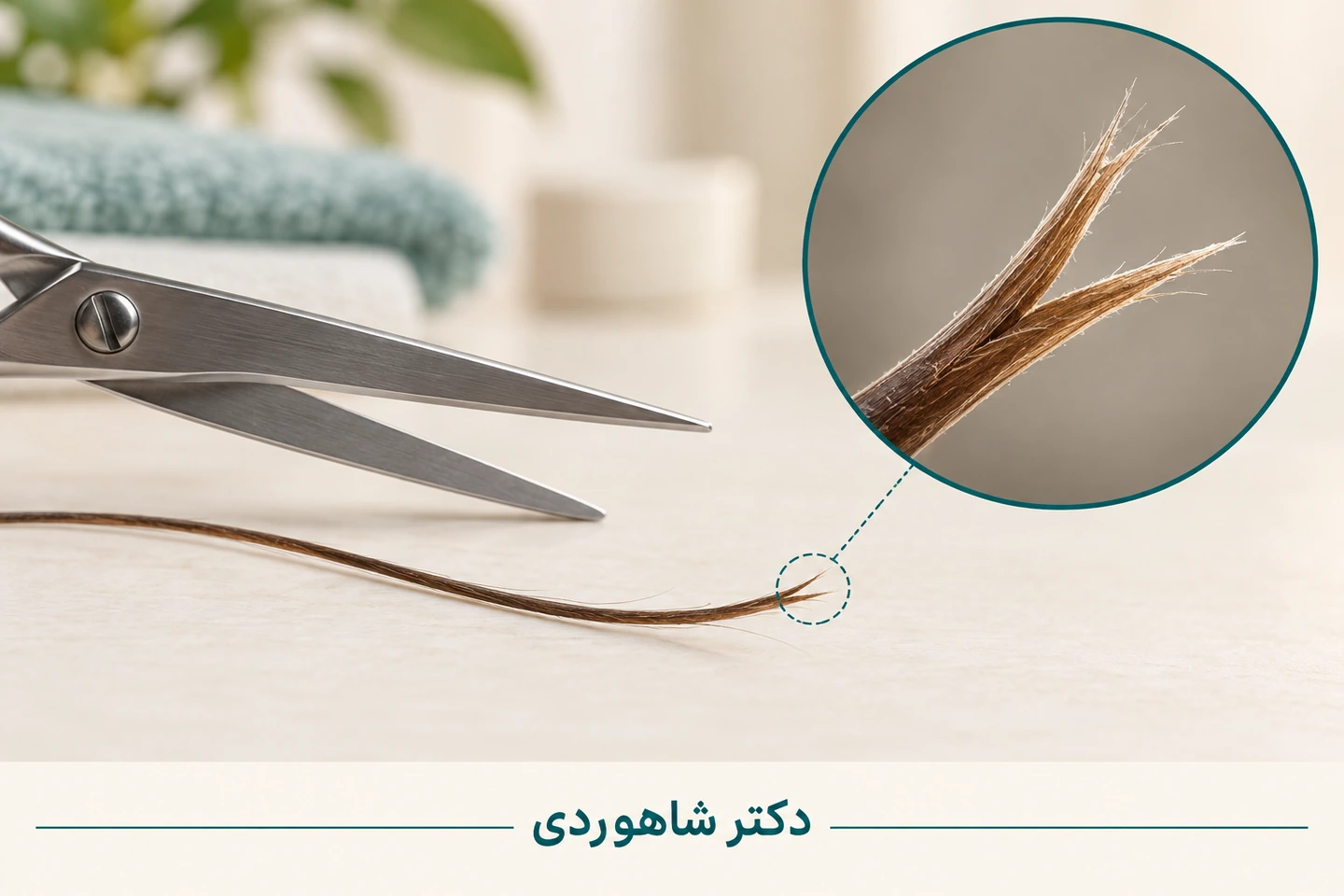 قیچی مو کنار تار دوشاخه و نمای بزرگشده انتهای آسیبدیده