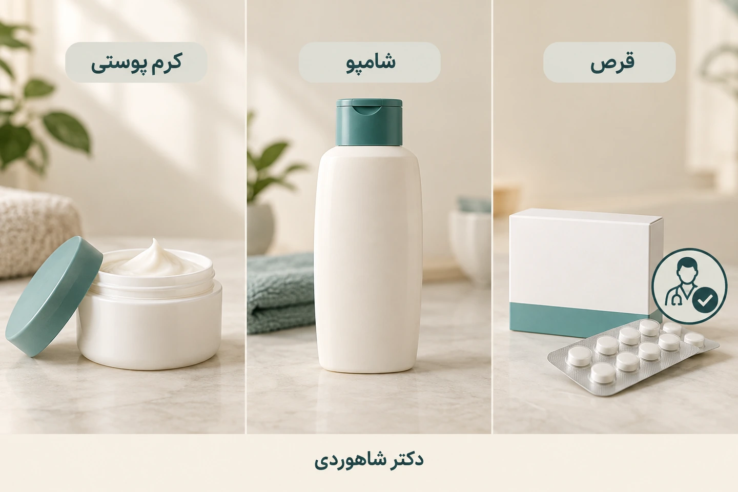 کرم پوستی، شامپو و بسته قرص در سه بخش جدا