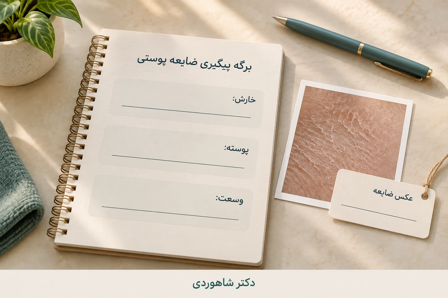 دفتر پیگیری خارش، پوسته و وسعت ضایعه کنار نمای بافت پوست
