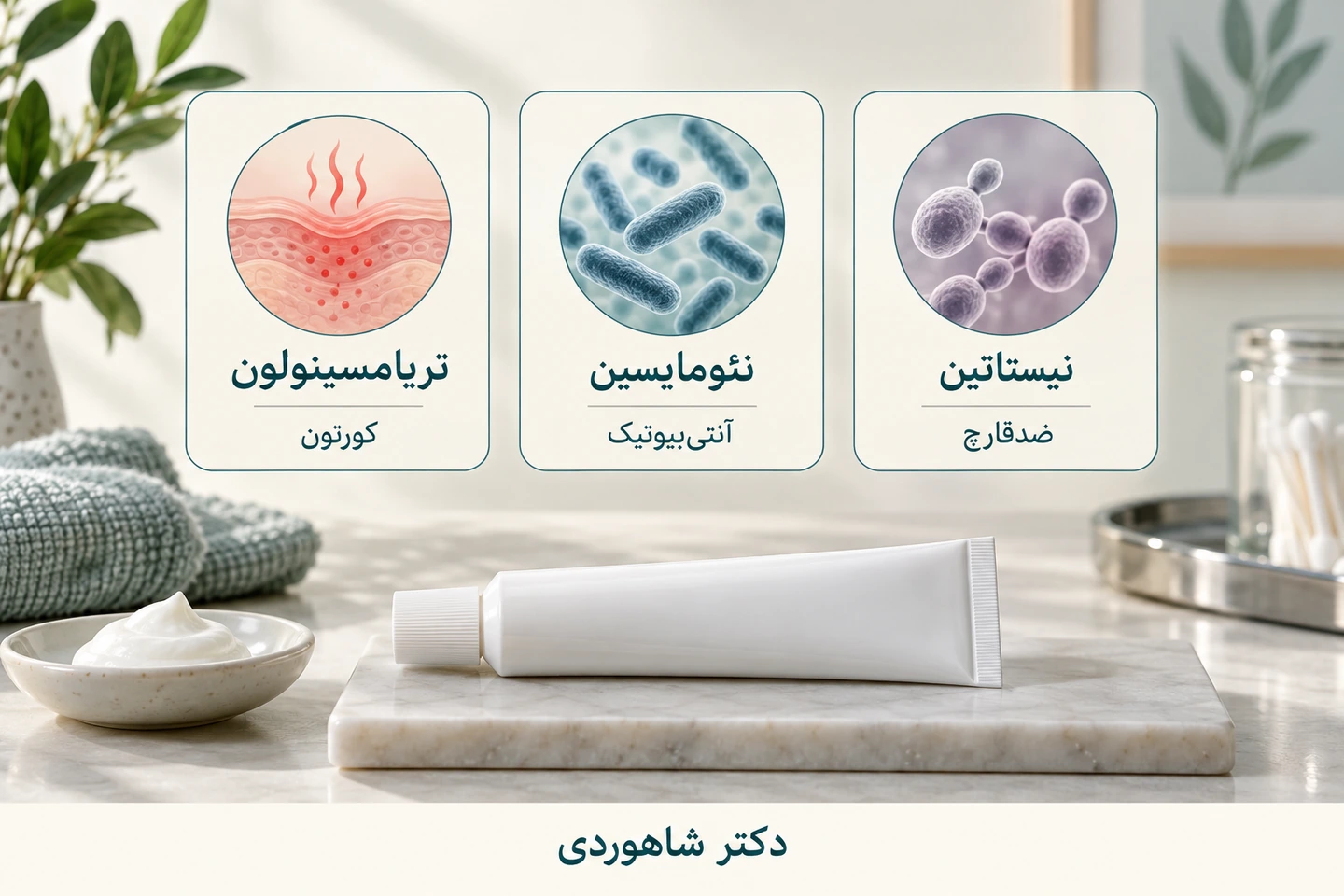 سه کارت تریامسینولون، نئومایسین و نیستاتین با نقش هر ماده