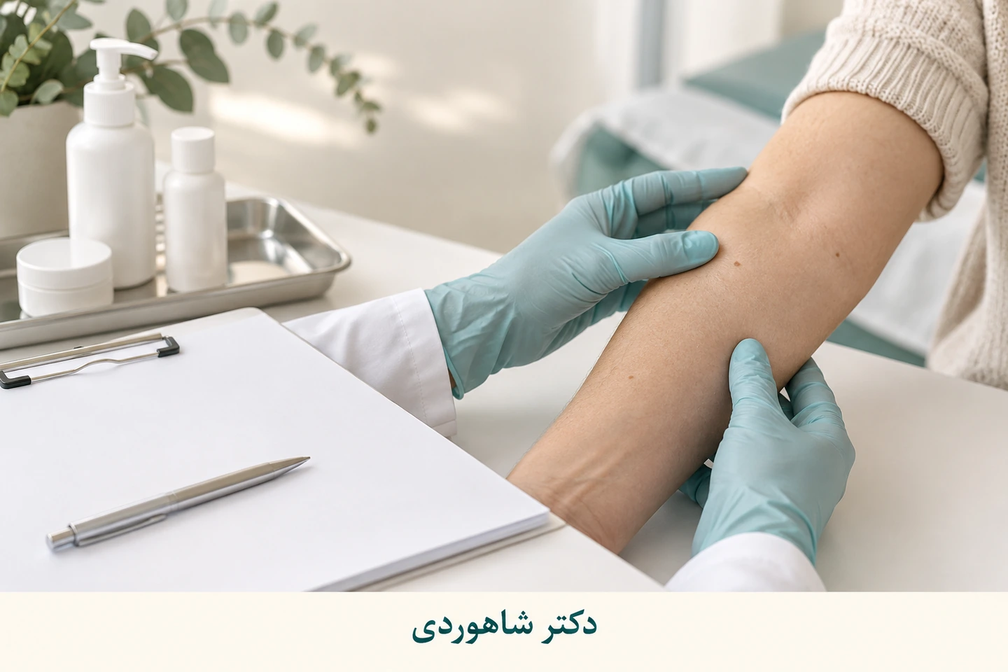 دست معاینهگر، ناحیه محدود پوست ساعد و برگه سابقه بدون چهره
