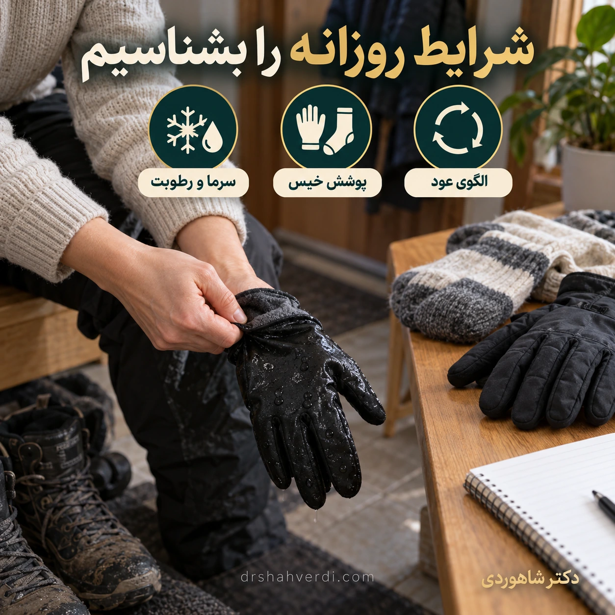پوشش خیس و الگوی تکرار را ثبت کنیم دست در حال کنارگذاشتن دستکش نمدار و آمادهکردن پوشش خشک