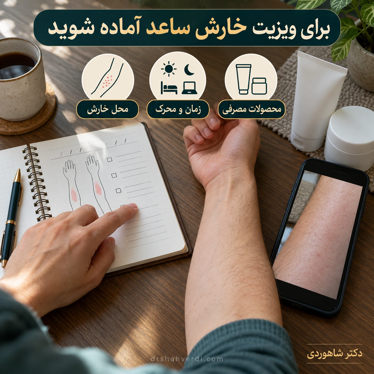 برای ویزیت خارش ساعد آماده شوید | دکتر شاهوردی ساعد در کنار عکس ثبتشده، یادداشت محل و زمان خارش و محصولات مصرفی