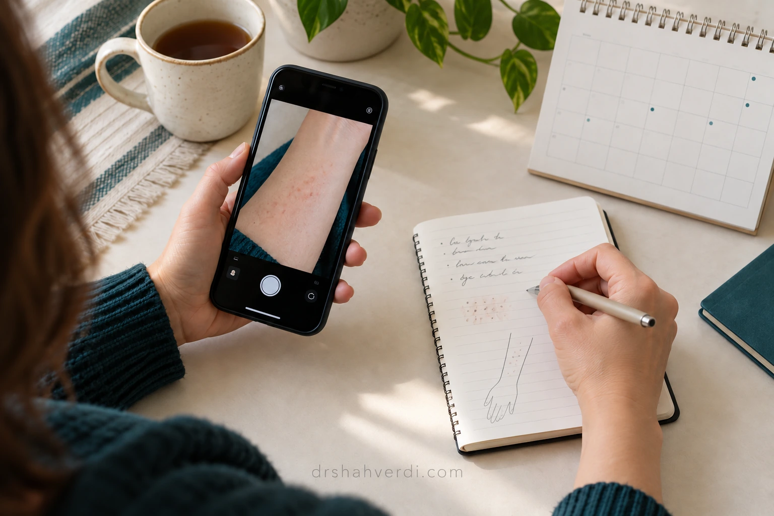 یادداشت علائم در دفتر کنار عکس پوست ساعد روی تلفن