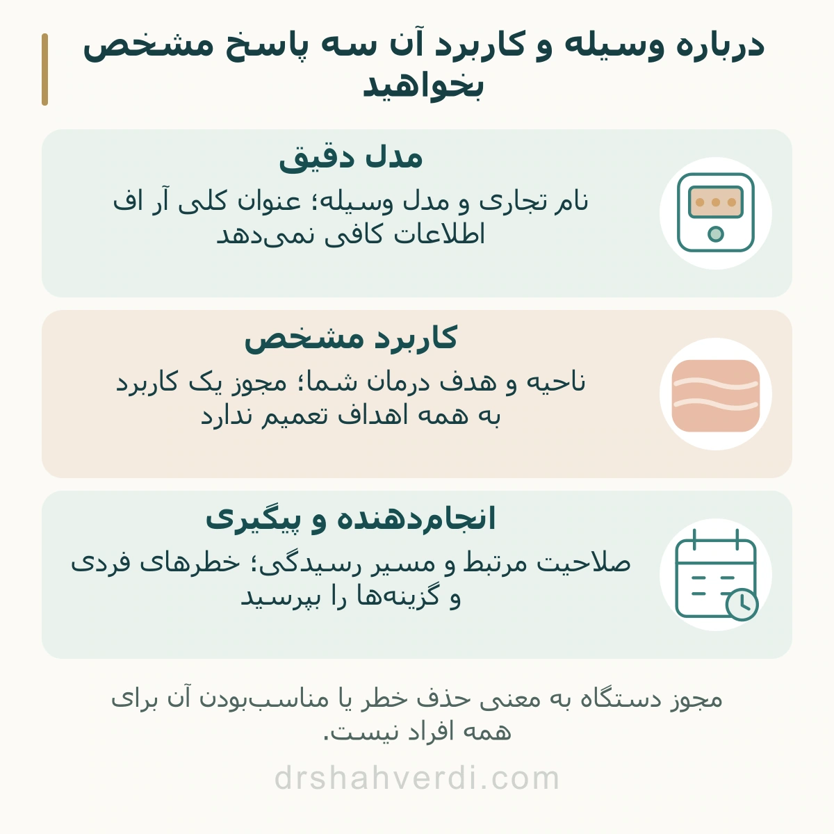 درباره وسیله و کاربرد آن سه پاسخ مشخص بخواهید؛ مدل دقیق، کاربرد مشخص، انجامدهنده و پیگیری
