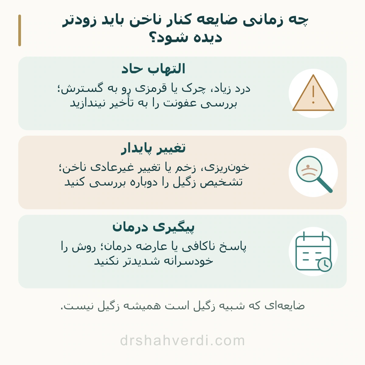 چه زمانی ضایعه کنار ناخن باید زودتر دیده شود؟؛ التهاب حاد، تغییر پایدار، پیگیری درمان