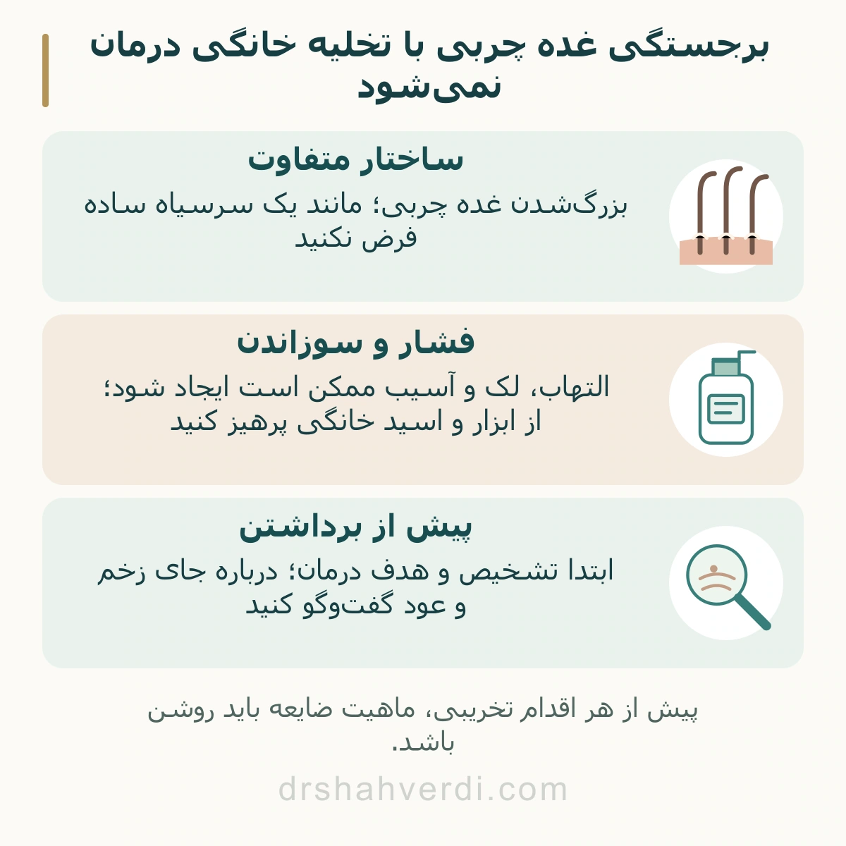 برجستگی غده چربی با تخلیه خانگی درمان نمی‌شود؛ ساختار متفاوت، فشار و سوزاندن، پیش از برداشتن
