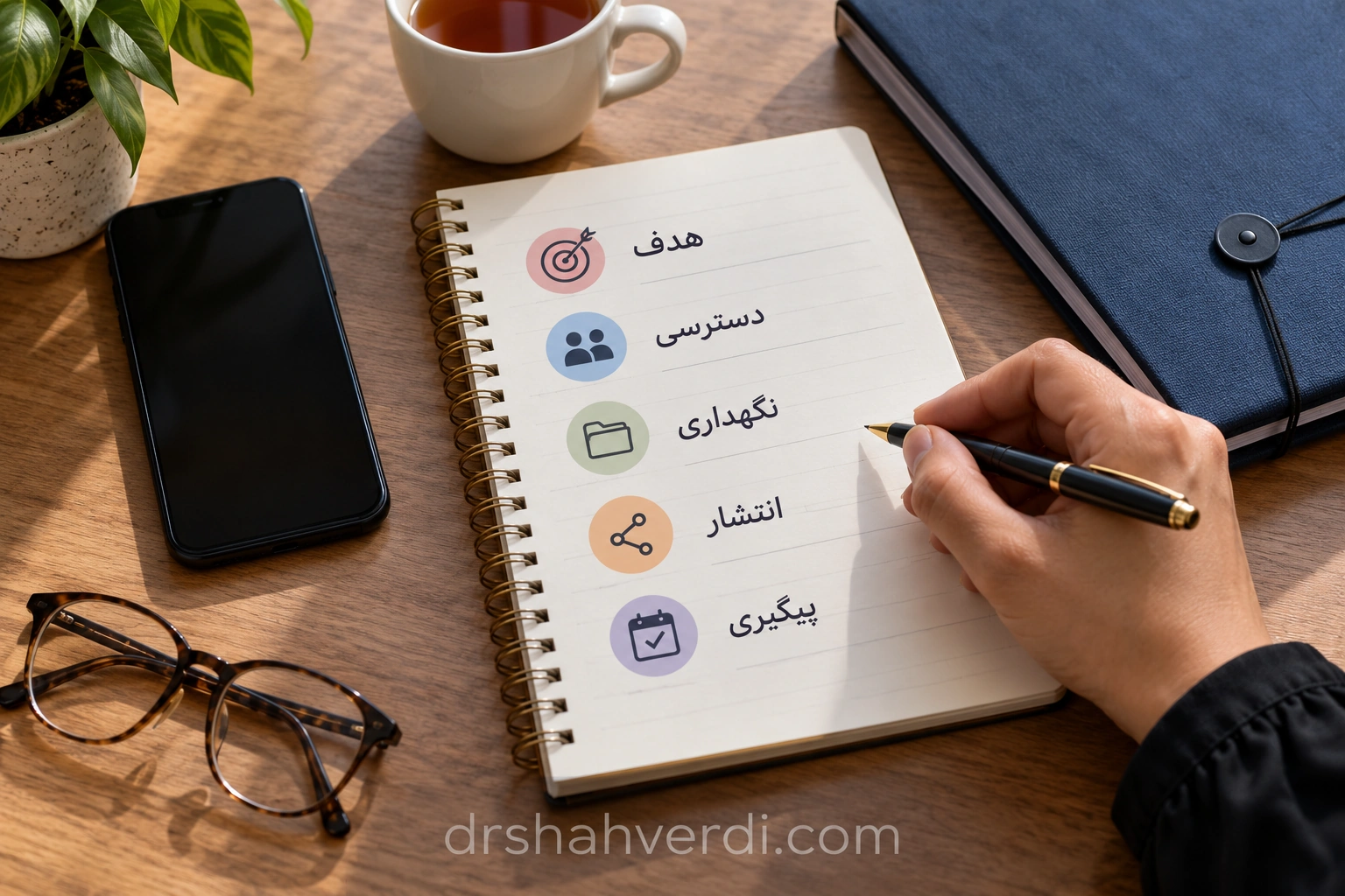 دفتر پنج پرسش کنار تلفن و پوشه بسته قرار دارد