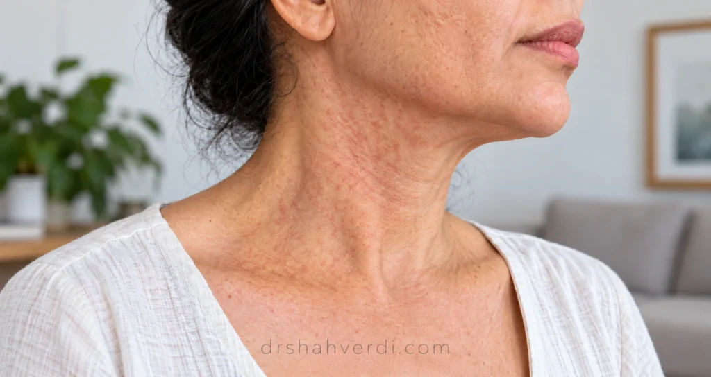 تصویر مقاله لک و قرمزی شبکه‌ای گردن یا شلی پوست؛ آسیب آفتاب چه ظاهری دارد؟