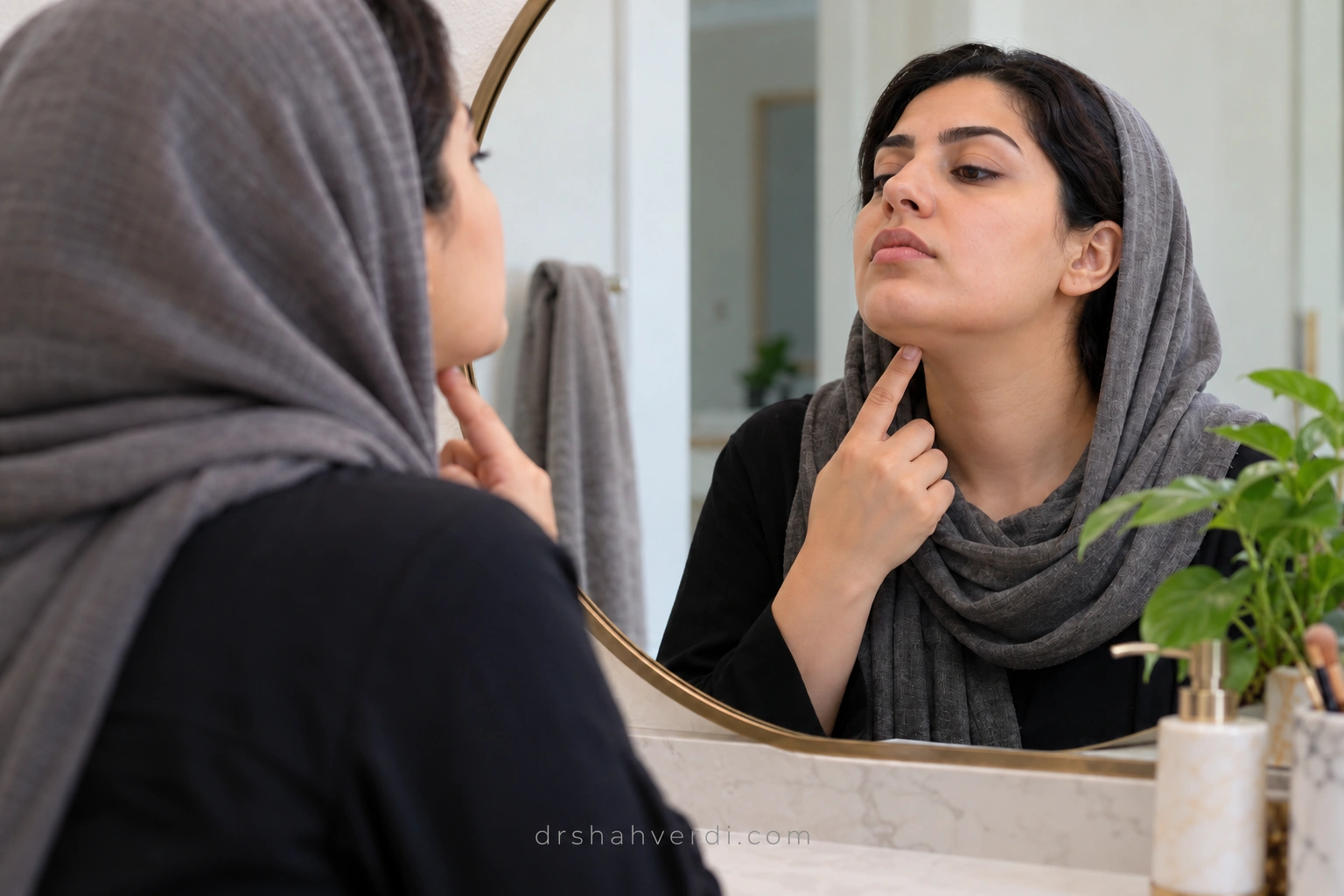 تعیین هدف کاهش حجم زیرچانه مراجعهکننده نقطه نگرانی زیرچانه را در آینه نشان میدهد