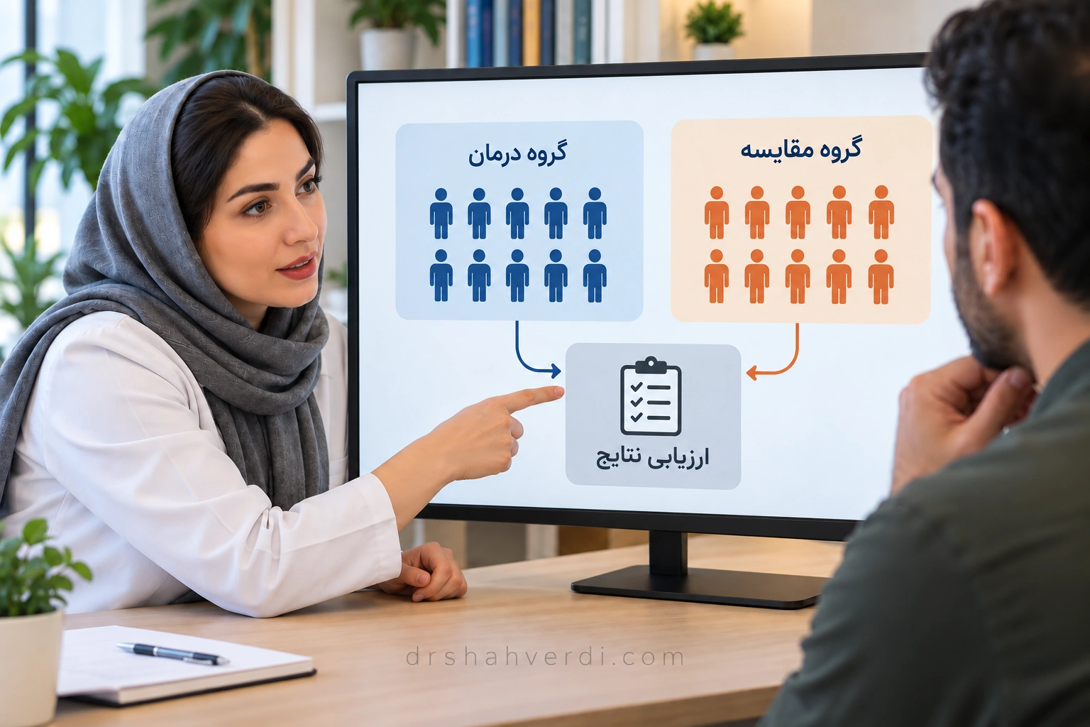 نقش گروه مقایسه در مطالعه نمودار ساده دو گروه مستقل با ارزیابی مشترک در پایان