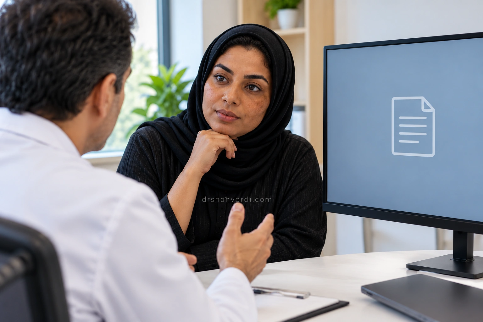 مشاوره اندولیفت با سابقه لک فرد بزرگسال با پوست تیره در حال گفتوگو با پزشک