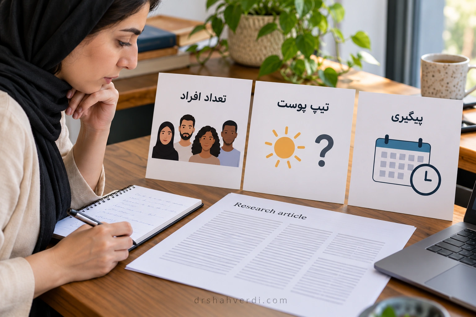 بررسی جمعیت مطالعه برگه پژوهش کنار سه کارت تعداد افراد، تیپ پوست و پیگیری
