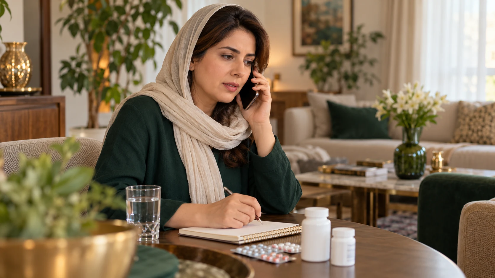 تماس تلفنی برای دریافت راهنمایی پزشکی در کنار دفتر یادداشت