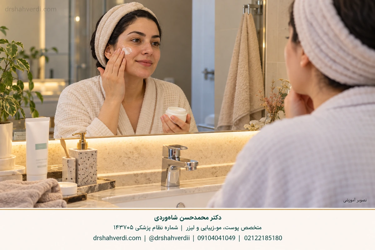 Illustrative evening skincare with an unbranded product