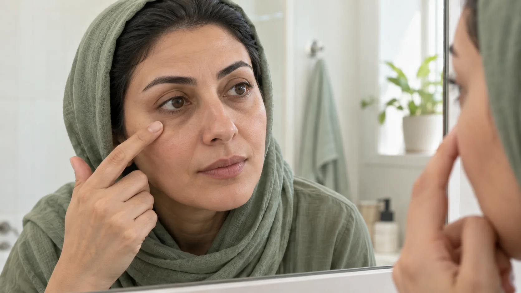 بررسی پوست اطراف چشم زنی در آینه با لمس ملایم زیر چشم، پوست اطراف چشم خود را بررسی میکند.
