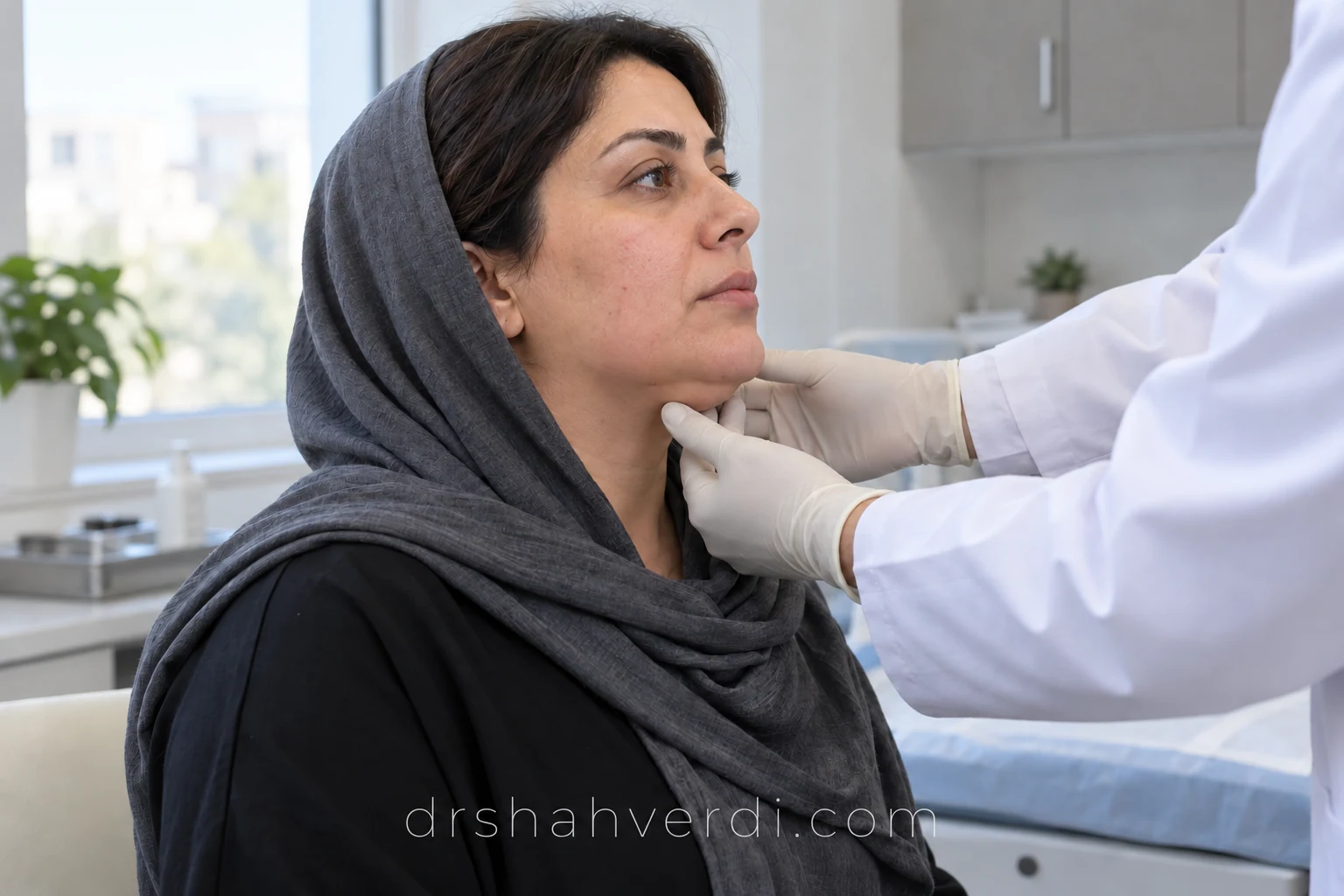 معاینه ورم پایین صورت معاینه ملایم زیر چانه با دستکش در فضای مطب