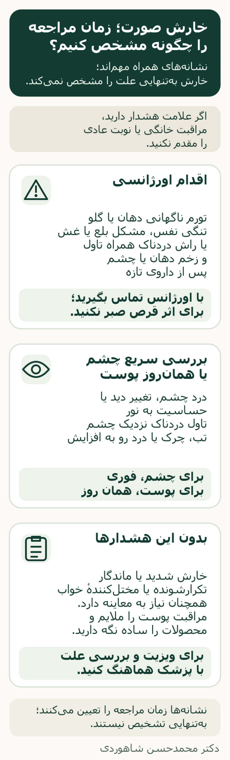 سه مسیر مراجعه برای خارش صورت: اورژانس برای تورم دهان و گلو یا مشکل تنفس؛ بررسی فوری چشم یا همان‌روز پوست برای نشانه‌های هشدار؛ معاینه برای خارش شدید یا ماندگار.