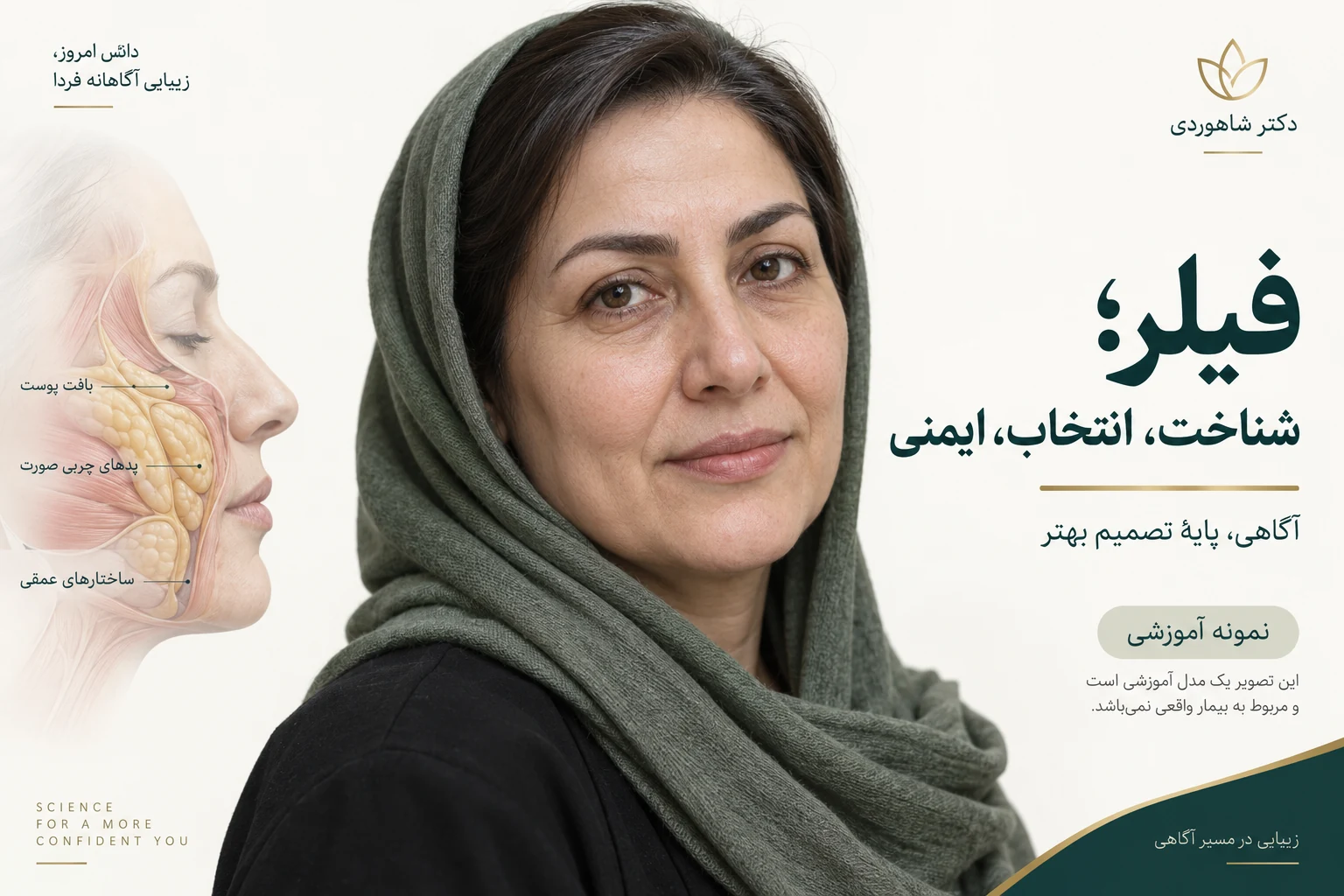 صورت آموزشی با کاهش حجم خفیف و نمای مفهومی بافت‌های صورت