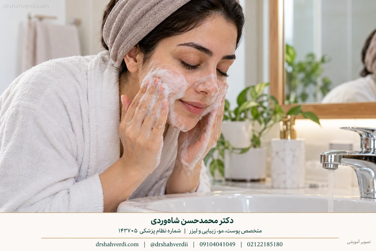 Gently washing the face with hands at a sink