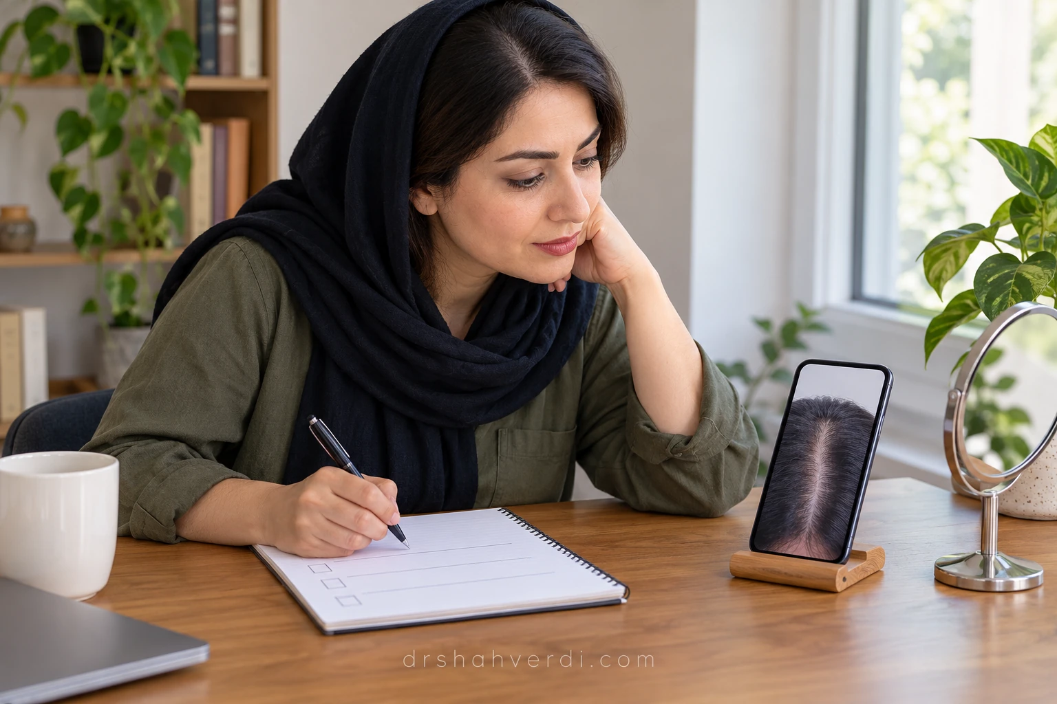 فرد در حال نوشتن کنار عکس مو