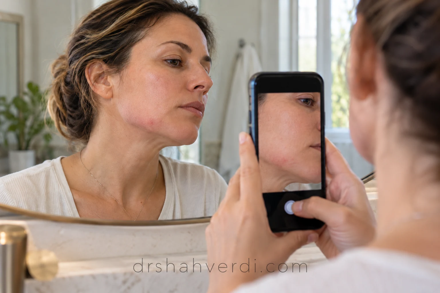 ثبت عکس واضح از کنار صورت با تلفن در نور ساده اتاق