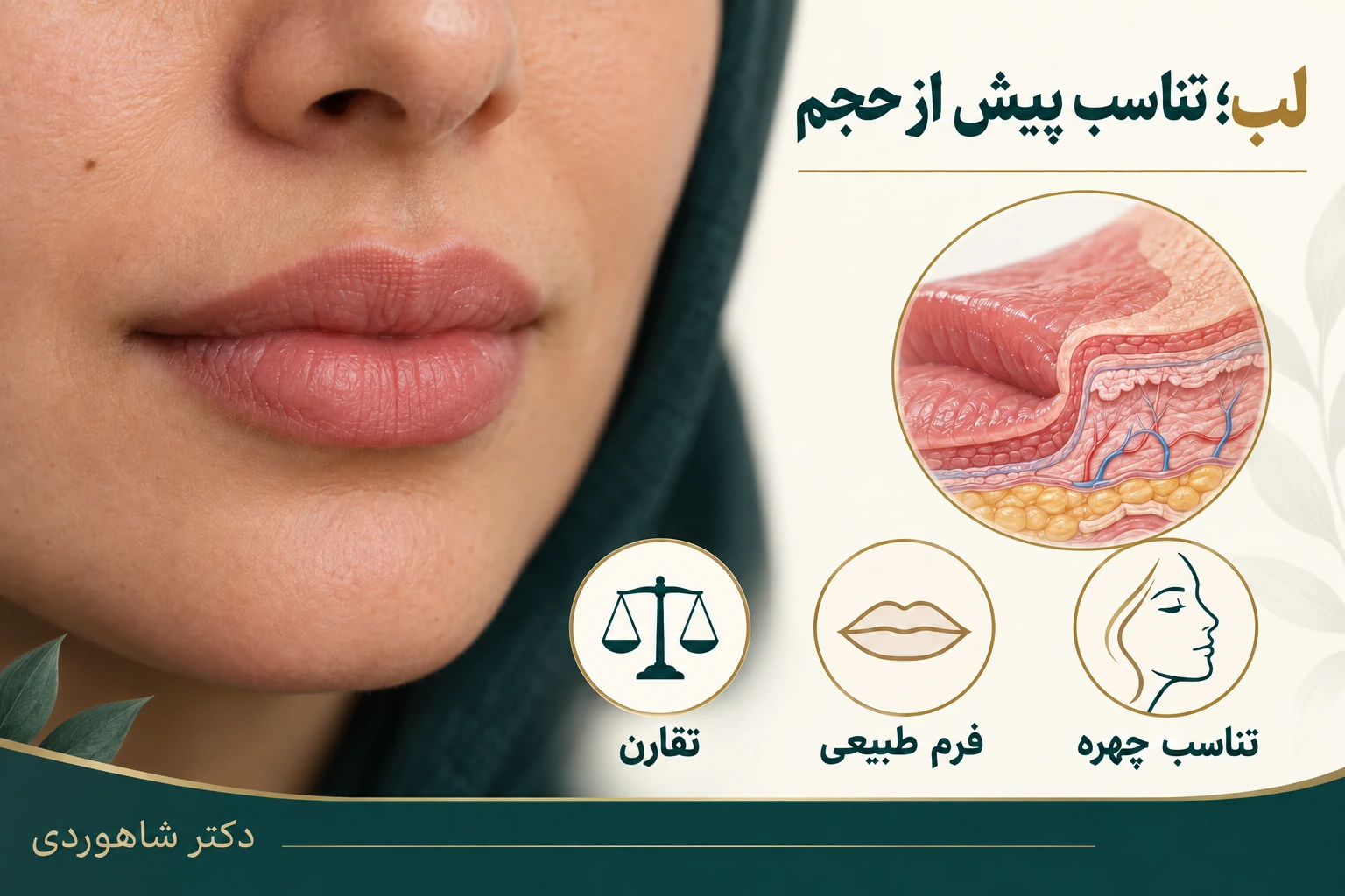 لب طبیعی و نمای بافت لب برای توضیح تناسب و تقارن