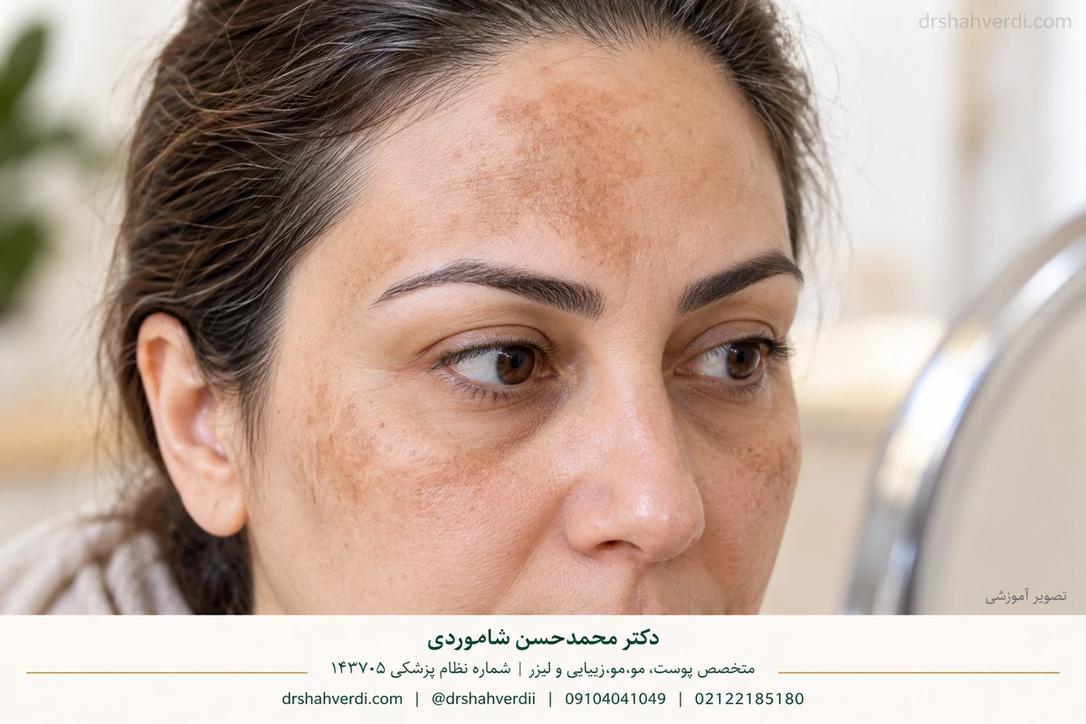 Educational view of brown patches across an adult forehead