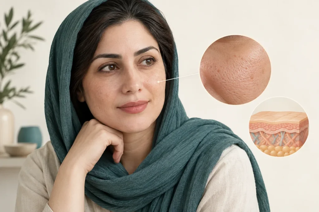 چهره طبیعی یک بزرگسال همراه نماهای مفهومی بافت و لایههای پوست
