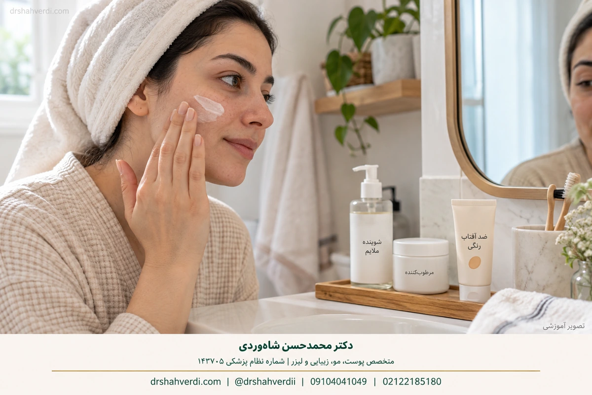 Simple products arranged for a morning skincare routine