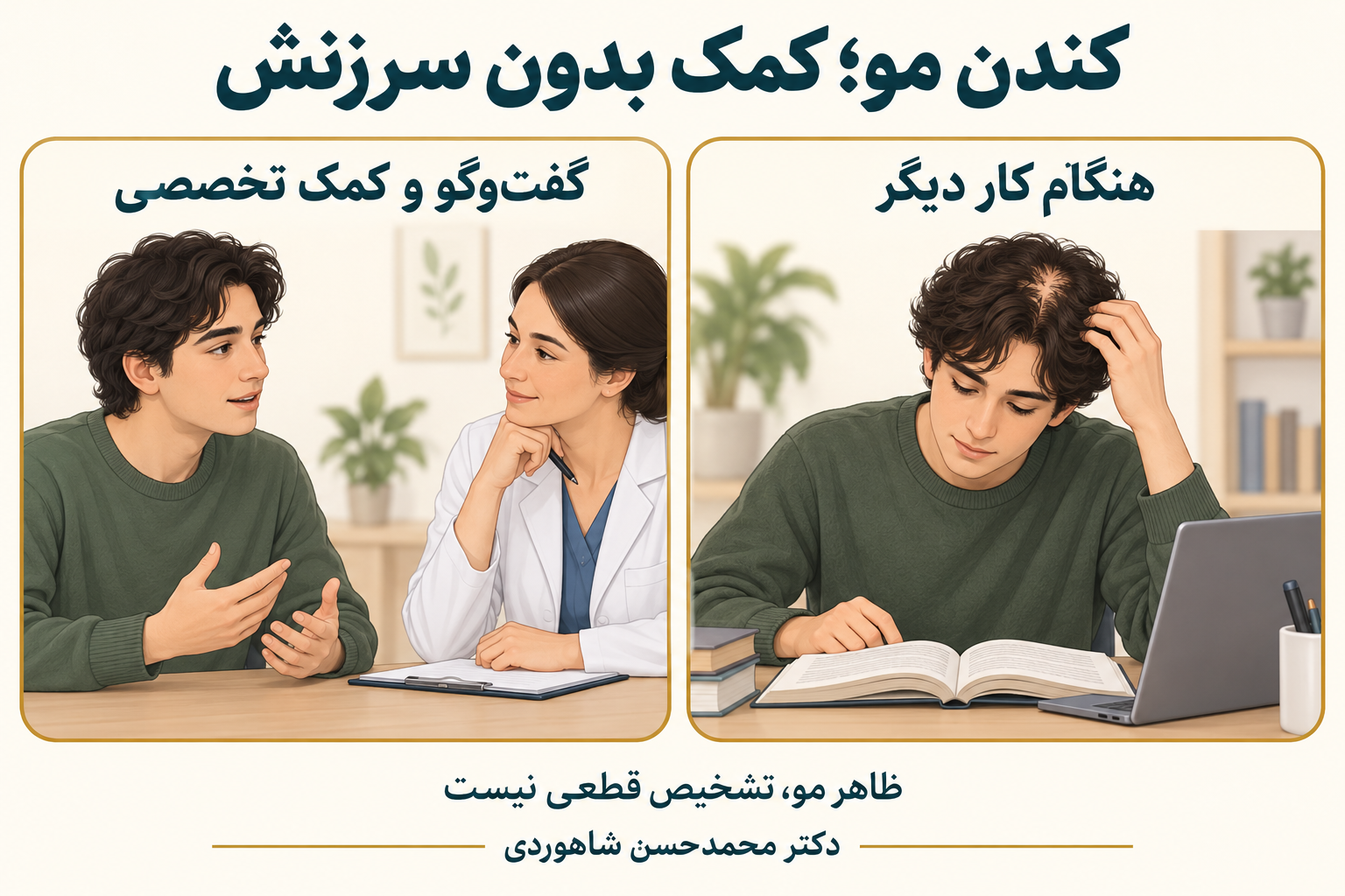 طرح آموزشی دو موقعیت: دست نزدیک مو هنگام مطالعه و گفت‌وگوی آرام با درمانگر برای دریافت کمک بدون سرزنش