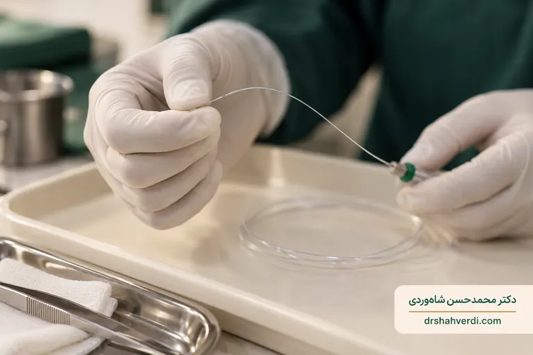 نمای نزدیک فیبر نوری باریک و انعطاف‌پذیر کنار دستکش پزشکی