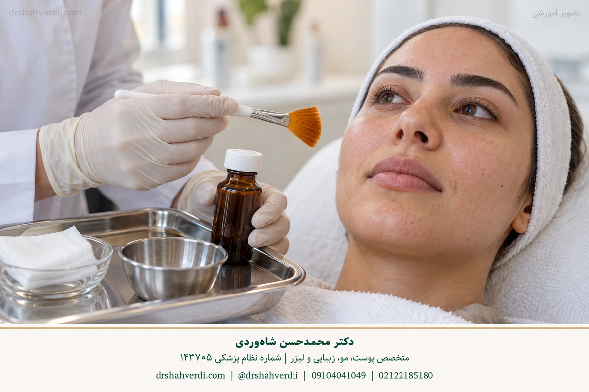 A closed unbranded peel bottle on an illustrative clinical tray