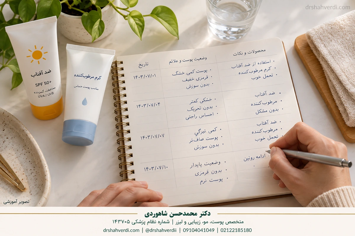 یادداشت مراقبت پوست کنار محصول بسته و تلفن همراه