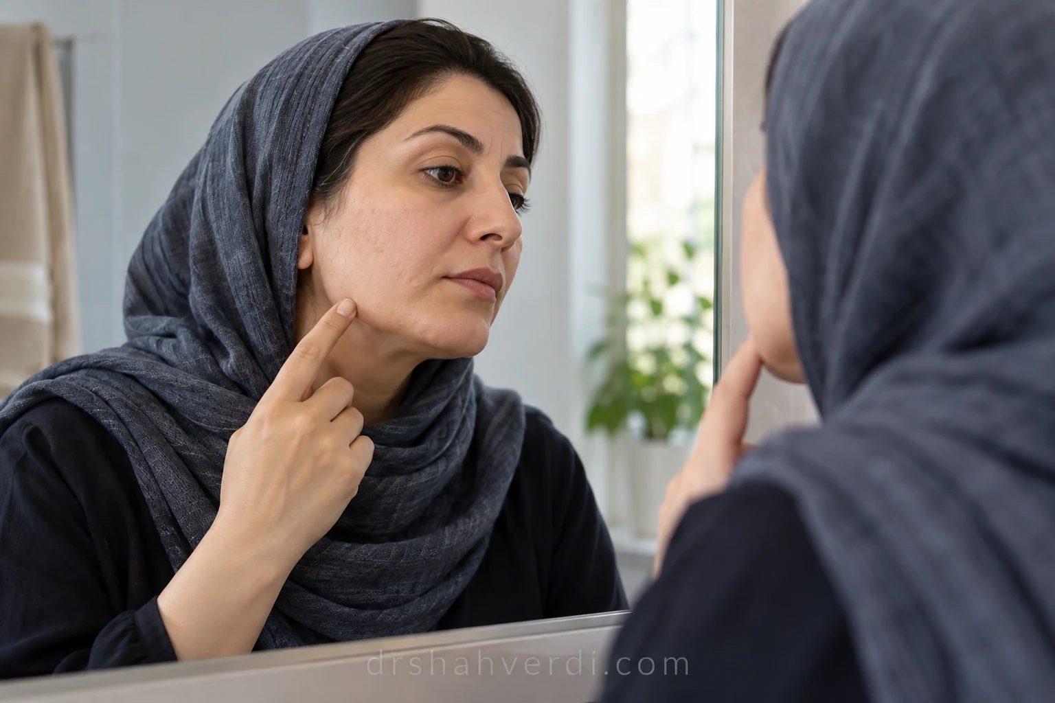 زن بزرگسال در حال اشاره به پوست زیر چانه بدون فشاردادن